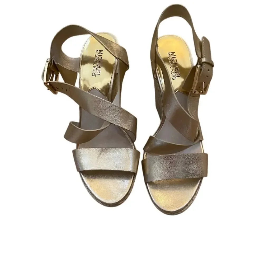 MICHAEL KORS Metallic Gold Leather Ankle Strap Espadrille Wedge Sandal 9.5M